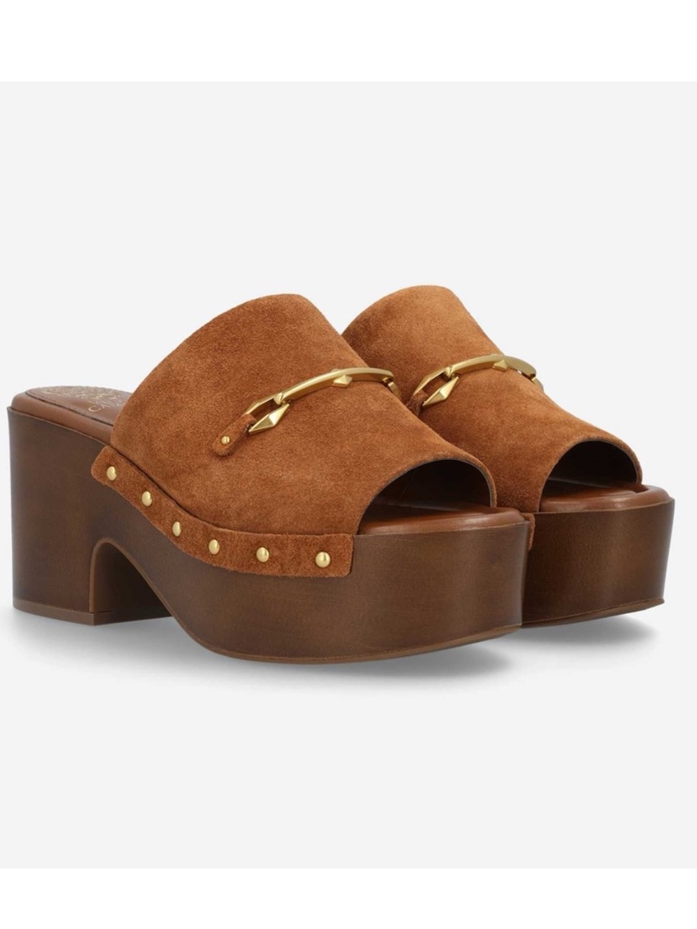 Vince Camuto NIB Suede Platform Heel Slide Mules in Cognac Brown Sugar